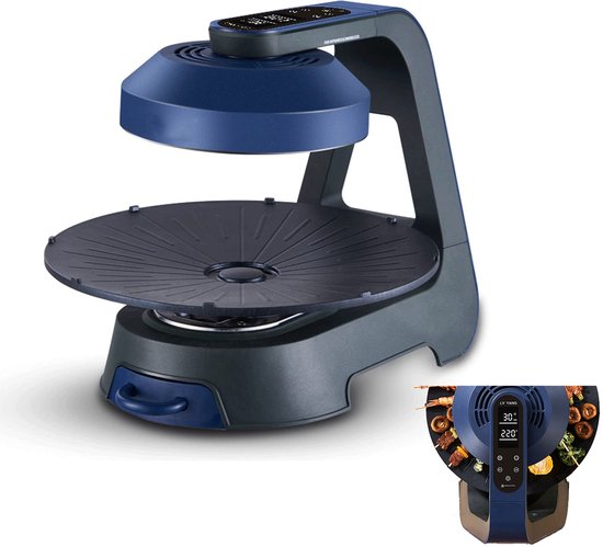 Tafel BBQ - Grillringen - Elektrische Grill & Barbecue - Infrarood BBQ-grill - Rookvrije binnengrill - 1390W LCD-display, 360° draaibare grillplaat - Timer- en temperatuurregeling - Perfect voor feestjes - Blauw van Merkloos