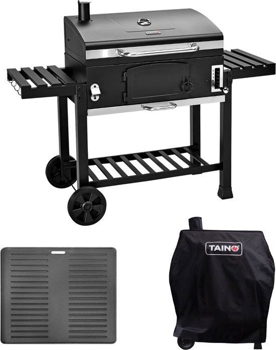 TAINO HERO XXL Set - Houtskoolgrillhoes Grillplaat Gietijzeren Houtskoolgrill Grillwagenset HERO XXL + Kap + Plaat van Merkloos