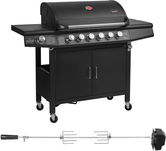 TAINO RED 6+1 gasgrill met draaispit - BBQ-grillwagen, roestvrijstalen brander + zwarte zijbrander van Merkloos
