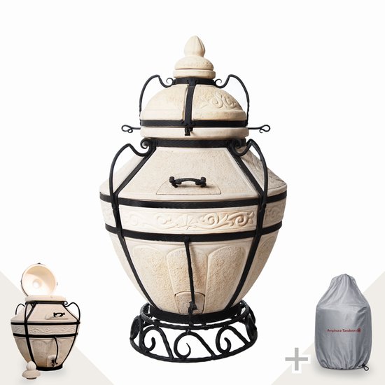 Tandoor Aladin (klapdeksel) – Keramische houtgestookte buitenoven, verticale Kamado voor vlees, groenten en brood – Met 20 XL-spiesen & accessoires – 6,5 cm dikke wanden voor perfecte warmteopslag – 120 cm – 206 kg - 135L *** Met beschermhoes
