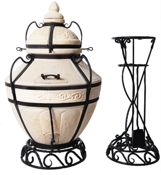 Tandoor Aladin (klapdeksel) – Keramische houtgestookte buitenoven, verticale Kamado voor vlees, groenten en brood – Met 20 XL-spiesen & accessoires – 6,5 cm dikke wanden voor perfecte warmteopslag – 120 cm – 206 kg - 135L