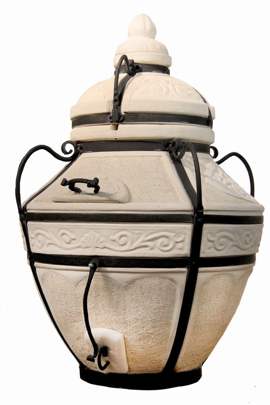 Tandoor Aladin Mini (klapdeksel) – Keramische houtgestookte buitenoven, verticale Kamado voor vlees, groenten en brood – Met 12 XL-spiesen & accessoires – 6 cm dikke wanden voor perfecte warmteopslag – 91 cm – 118 kg - 75L *** Met beschermhoes