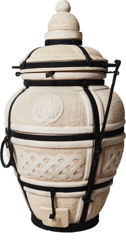 Tandoor Ataman – Keramische houtgestookte buitenoven, verticale Kamado voor vlees, groenten en brood – Met 12 XL-spiesen & accessoires – 6 cm dikke wanden voor perfecte warmteopslag – 107 cm – 135 kg - 95L *** Met gietijzeren onderstel