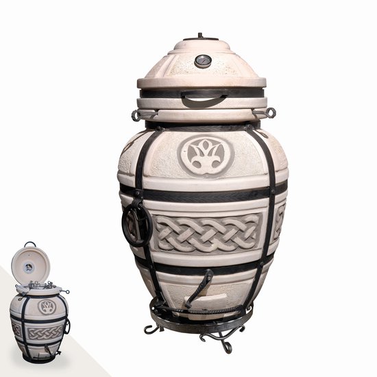 Tandoor Ataman (NIEUW) – Keramische houtgestookte buitenoven, verticale Kamado voor vlees, groenten en brood – Met 12 XL-spiesen & accessoires – 6 cm dikke wanden voor perfecte warmteopslag – 107 cm – 135 kg - 95L *** Met gietijzeren onderstel