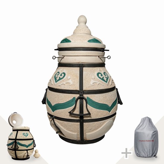 Tandoor Dastarkhan (klapdeksel) – Keramische houtgestookte buitenoven, verticale Kamado voor vlees, groenten en brood – Met 12 XL-spiesen&accessoires – 8 cm dikke wanden voor perfecte warmteopslag – 113 cm – 204,5 kg - 125L *** Met beschermhoes