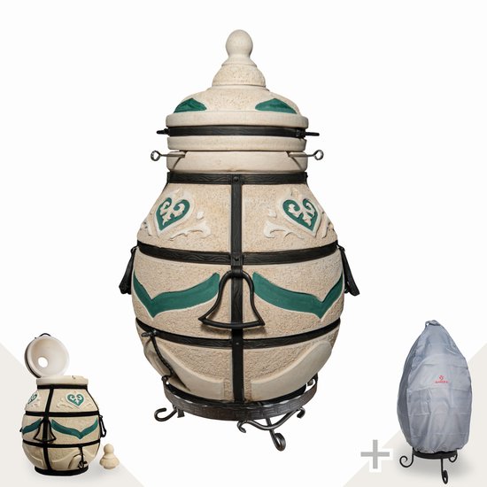 Tandoor Dastarkhan (klapdeksel) – Keramische houtgestookte buitenoven, verticale Kamado voor vlees, groenten en brood – Met 12 XL-spiesen&accessoires – 8 cm dikke wanden voor perfecte warmteopslag – 113 cm – 204,5 kg - 125L *** Met hoes en onderstel