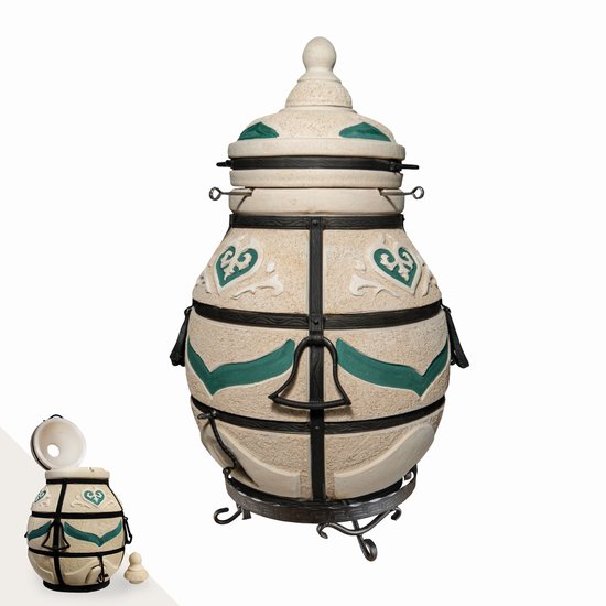 Tandoor Dastarkhan (klapdeksel) – Keramische houtgestookte buitenoven, verticale Kamado voor vlees, groenten en brood – Met 12 XL-spiesen&accessoires – 8 cm dikke wanden voor perfecte warmteopslag – 113 cm – 204,5 kg - 125L *** Met onderstel