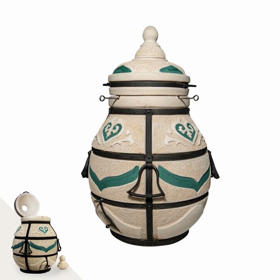 Tandoor Dastarkhan (klapdeksel) – Keramische houtgestookte buitenoven, verticale Kamado voor vlees, groenten en brood – Met 12 XL-spiesen&accessoires – 8 cm dikke wanden voor perfecte warmteopslag – 113 cm – 204,5 kg - 125L