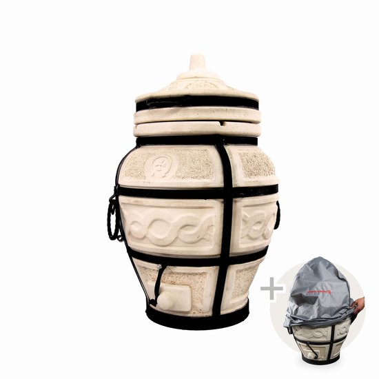 Tandoor Esaul – Keramische houtgestookte buitenoven, verticale Kamado voor vlees, groenten en brood – Met 8 XL-spiesen & accessoires – 5 cm dikke wanden voor perfecte warmteopslag – 82 cm – 100 kg - 55L *** Met beschermhoes