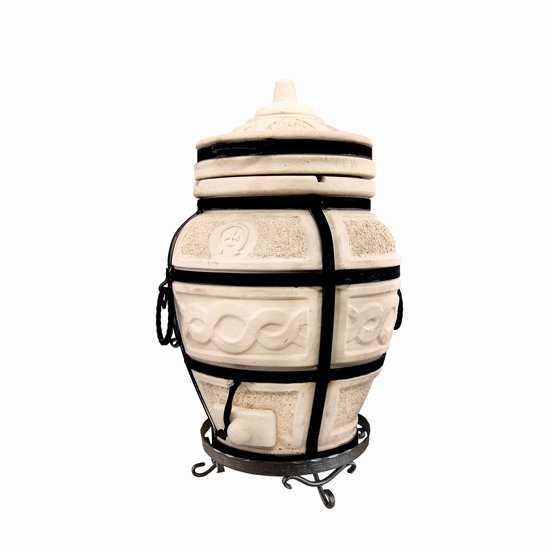 Tandoor Esaul – Keramische houtgestookte buitenoven, verticale Kamado voor vlees, groenten en brood – Met 8 XL-spiesen & accessoires – 5 cm dikke wanden voor perfecte warmteopslag – 82 cm – 100 kg - 55L *** Met gietijzeren onderstel