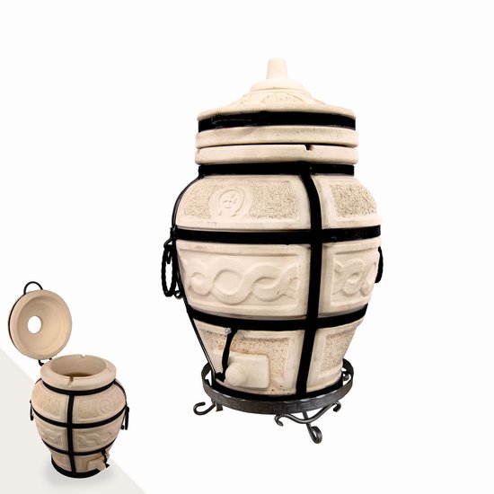 Tandoor Esaul (klapdeksel) – Keramische houtgestookte buitenoven, verticale Kamado voor vlees, groenten en brood – Met 8 XL-spiesen & accessoires – 5 cm dikke wanden voor perfecte warmteopslag – 82 cm – 100 kg - 55L *** Met gietijzeren onderstel