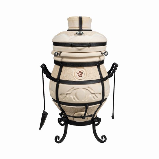 Tandoor Samovar (klapdeksel) – Keramische houtgestookte buitenoven, verticale Kamado voor vlees, groenten en brood – Met 12 XL-spiesen & accessoires – 5 cm dikke wanden voor perfecte warmteopslag – 98 cm – 108 kg - 48L