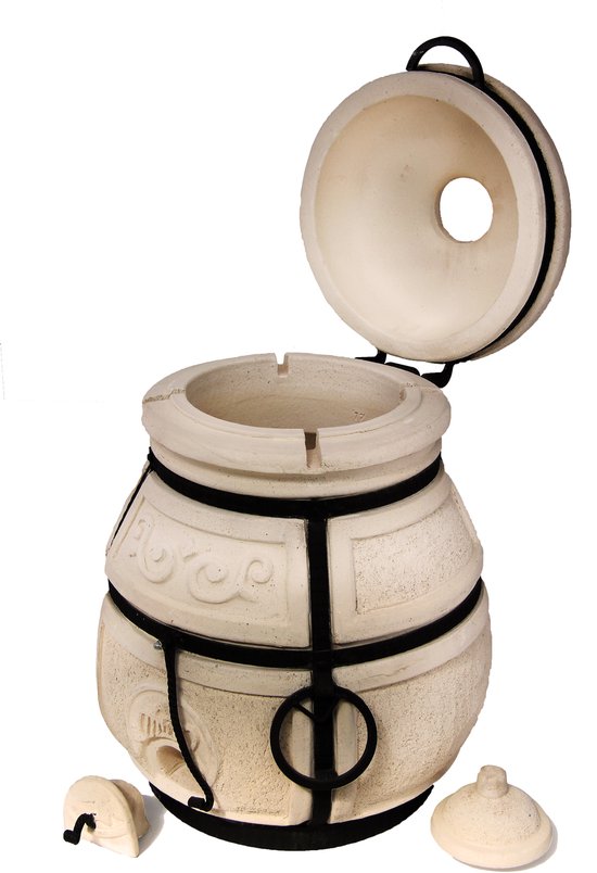 Tandoor Skif (klapdeksel) – Keramische houtgestookte buitenoven, verticale Kamado voor vlees, groenten en brood – Met 12 XL-spiesen & accessoires – 6 cm dikke wanden voor perfecte warmteopslag – 90 cm – 125 kg - 75L *** Met beschermhoes en onderstel