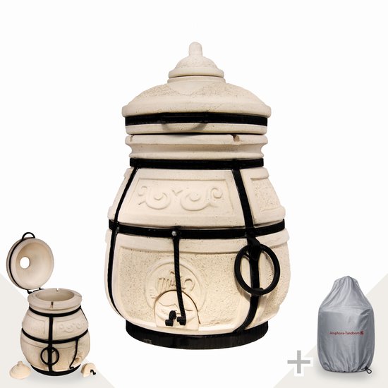 Tandoor Skif (klapdeksel) – Keramische houtgestookte buitenoven, verticale Kamado voor vlees, groenten en brood – Met 12 XL-spiesen & accessoires – 6 cm dikke wanden voor perfecte warmteopslag – 90 cm – 125 kg - 75L *** Met beschermhoes