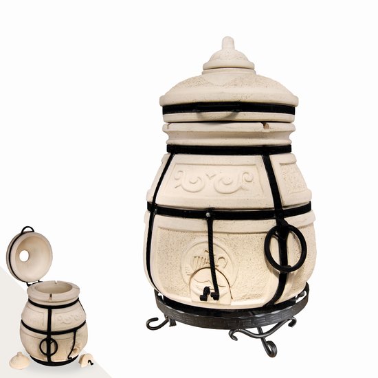 Tandoor Skif (klapdeksel) – Keramische houtgestookte buitenoven, verticale Kamado voor vlees, groenten en brood – Met 12 XL-spiesen & accessoires – 6 cm dikke wanden voor perfecte warmteopslag – 90 cm – 125 kg - 75L *** Met gietijzeren onderstel
