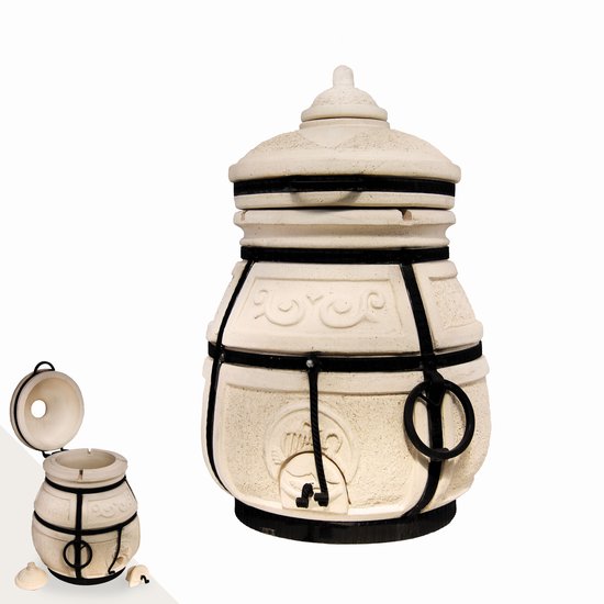 Tandoor Skif (klapdeksel) – Keramische houtgestookte buitenoven, verticale Kamado voor vlees, groenten en brood – Met 12 XL-spiesen & accessoires – 6 cm dikke wanden voor perfecte warmteopslag – 90 cm – 125 kg - 75L