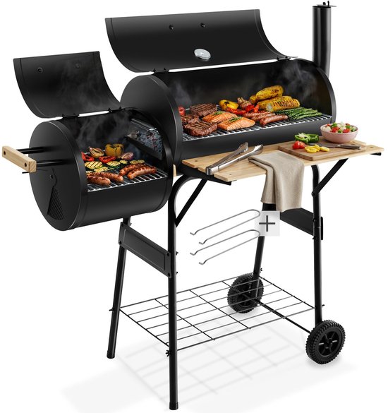 tectake® 2-in-1 Houtskoolbarbecue - BBQ met Rookoven - Smoker - Grill - Barbecue Inclusief Thermometer, Luchttoevoer en 2 Wielen - 2 Aparte Kamers en Legplanken