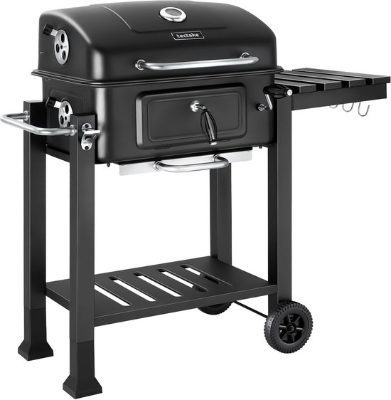 tectake® Houtskool Grill met Thermometer - Smoker op Wielen met Deksel - Barbeque met Opklapbaar Zijrek met Haken - BBQ met in Hoogte Verstelbare Houtskoolbak - Mobiele Grillwagen - Met Aslade en Ventilatieschuiven - Rooster