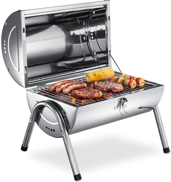 tectake® Roestvrijstalen Barbecue - Cilinder BBQ met Dubbel Grilloppervlak en 2 Houtskool Bakken - Ventilatieopeningen aan de Zijkant - Weerbestendig - Hittebestendige Draaggrepen - Ideaal voor op Tafel, de Camping en om mee te nemen