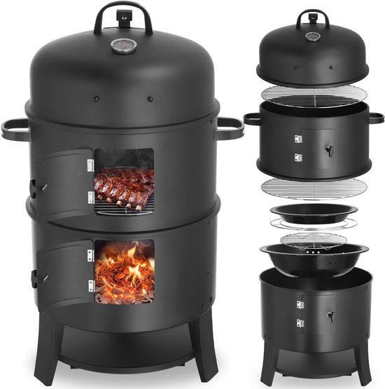 tectake® 3-in-1 Rookoven - Ø 41 cm - Rookvat met 2 Grillroosters, Thermometer en Luchtafvoer - Houtskool Barbecue - BBQ Grill - Grilloven - Smoker - Grillen, Garen en Roken