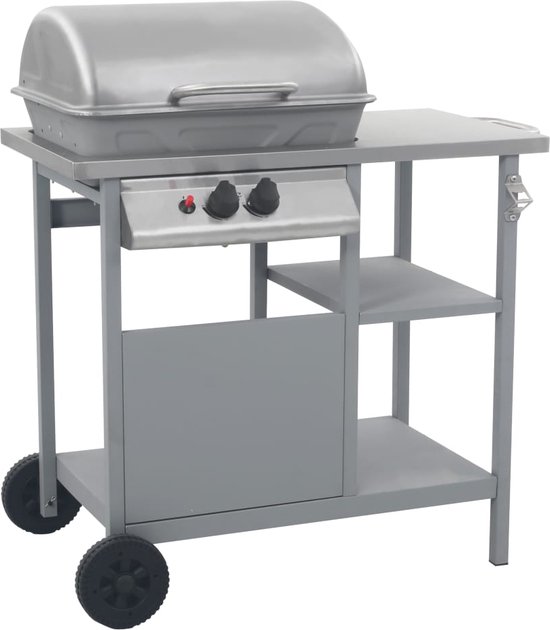 The Living Store BBQ 3-laags zijtafeltje - Gasbarbecue - Gepoedercoat staal en roestvrij staal - 92x53x96cm - Zilver van The Living Store