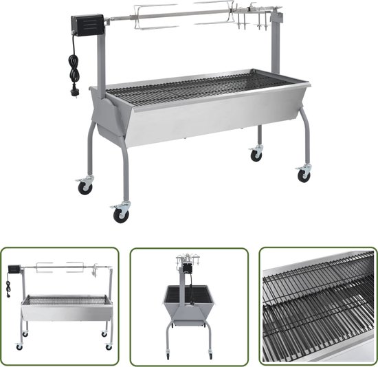 The Living Store Rotis BBQ Zilver - 129 x 55 x 100 cm - RVS spit - Hoogte verstelbaar van Merkloos