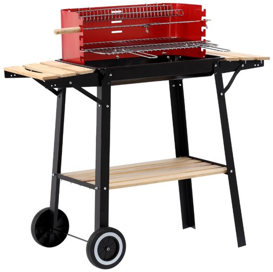 Tuinbarbecue Met Wielen – Compacte Houtskool Grill Voor Buiten – Met Zij- En Onderplank En Verchroomd Grillrooster – Metaal/Hout – Zwart Rood Bruin [DA01149] van Merkloos