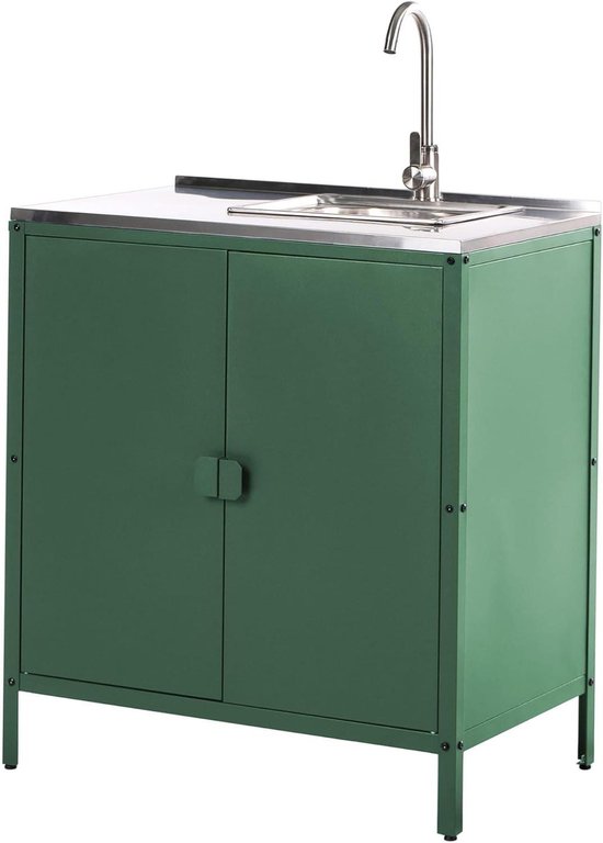 Tuinkast met spoelbak - Buitenkeuken kast - Buiten koken - Roestvrijstalen blad - 80x50x90 cm - Groen
