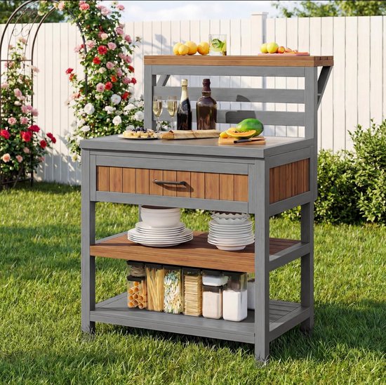 Tuinkast met Werkblad - Buitenkast Grilltafel - Buiten Koken - Roestvrijstalen Werkblad - 100kg Draaglast - Natuurlijk Hout van Merkloos