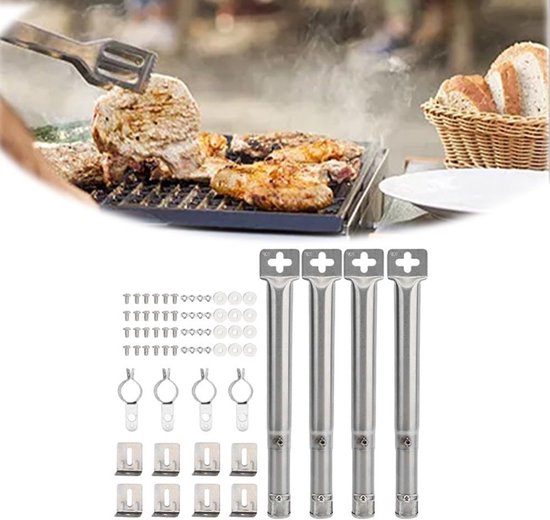 Universele Grillbrander Set - Rvs Barbecue Branders - 4 Stuks - Lengte Verstelbaar 30,5-44,5 Cm - Rechte Pijp Design - Corrosiebestendig - Voor Gas Grill - Eenvoudige Installatie - Gelijkmatige Hitteverdeling van Merkloos
