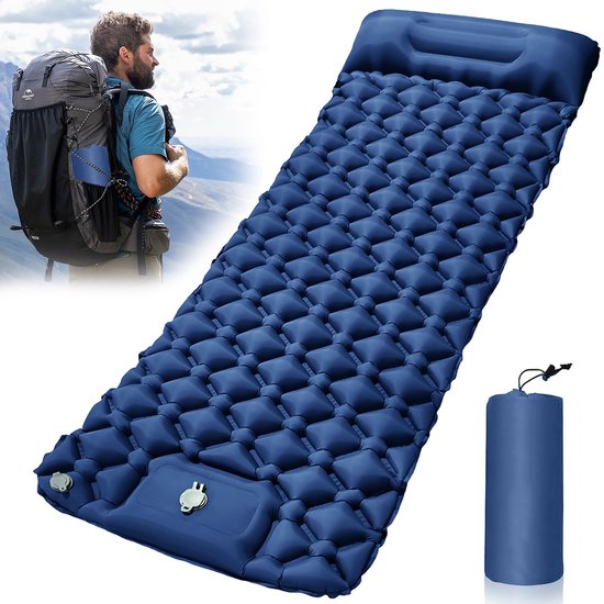 Unyqoos® Zelfopblazend, ultralicht luchtmatras met geïntegreerd kussen en voetpomp voor kamperen en outdoor avonturen van Unyqoos