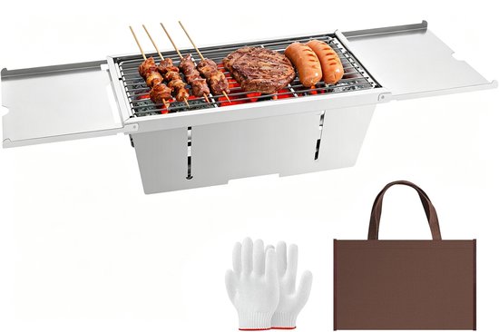 Uten Tafel BBQ Houtskool - Camping BBQ - Opvouwbare en Draagbare Barbeque - Barbecue met Losse Vuurschaal en Grillrooster - Grilloppervlak (L x B) 37.5 x21.5 cm - RVS van Merkloos
