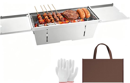 Uten Tafel BBQ Houtskool - Camping BBQ - Opvouwbare en Draagbare Barbeque - Barbecue met Losse Vuurschaal en Grillrooster - Grilloppervlak (L x B) 42.5 x21.5 cm - RVS van Merkloos