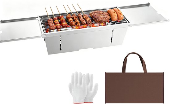 Uten Tafel BBQ Houtskool - Camping BBQ - Opvouwbare en Draagbare Barbeque - Barbecue met Losse Vuurschaal en Grillrooster - Grilloppervlak (L x B) 47.5 x21.5 cm - RVS van Merkloos