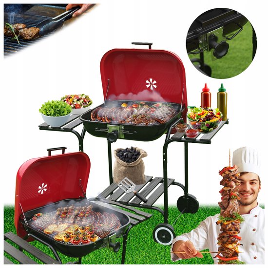 VELACO Koolgrill met Deksel en Wielen - Rood/Zwart van Merkloos