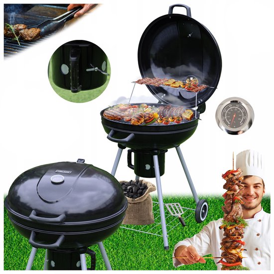 Velaco Koolgrill Rond Z Deksel, Wielen & Thermometer - Zwart