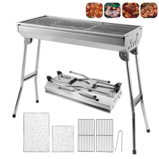 Velmio Barbecue - Opklapbaar - Houtskoolgrill - Camping barbecue - Roestvrijstaal - Opvouwbaar - Zilver/Metaal - van Merkloos