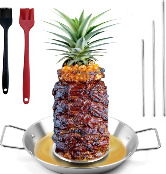 Verticale voor Al Pastor - RVS Braziliaanse Spies met 3 Punten - Inclusief Borstel en Vetscheidingsbak - Voor Tacos Shoarma en Kebabs in Oven of Rookoven - Barbecue Accessoire van Merkloos