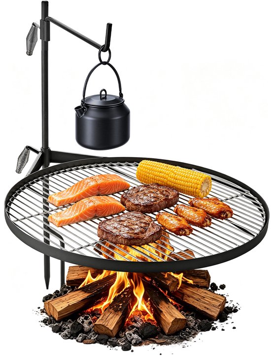 VEVOR Draaibare Kampvuurgrill met Grillrooster, 62 cm, Koolstofstaal, In hoogte verstelbare draaibare grill met grillstandaard, Draaibare Buitengrill voor Open Vuur, Camping en Tuin, Zwart