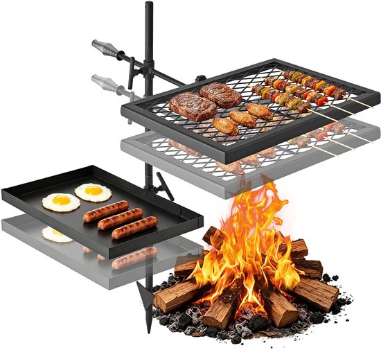 VEVOR draaibare kampvuurgrill met grillrooster en bakplaat van koolstofstaal, 360° in hoogte verstelbare draaibare grill met grillstandaard, roterende buitengrill voor open vuur, kamperen en tuinieren