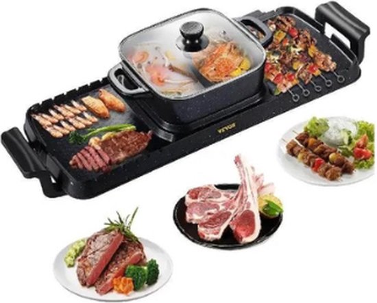 Vevor - Elektrische BBQ - Pan Grill en Hot Pot - Krachtig 2400W - Draagbaar en Rookvrij - Afneembare Anti-aanbaklaag - BBQ - Gourmet - Grill - Kookgerei - Koken - Grillen