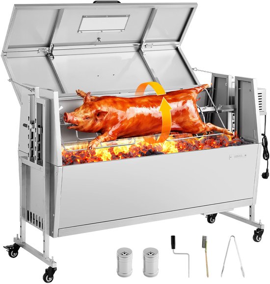 VEVOR Rotisserie Grill 38W Speenvarken Grill Lam Grill Houtskool Grill (1168,4 mm Grilllengte) met 60 Kg Draagvermogen & Wielen & 4-Voudige Hoogteverstelling & Deksel, Roestvrijstalen Elektrische Grillset Voor Kamperen van Merkloos