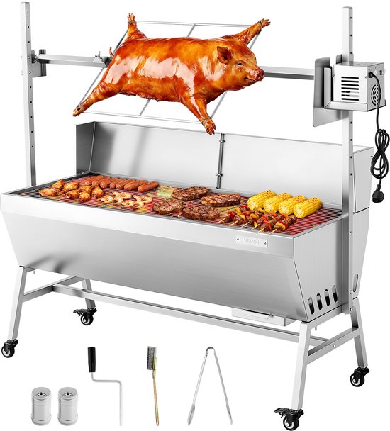 VEVOR Rotisserie Grill 38W Speenvarken Grill Lam Grill Houtskool Grill (1218 mm Grilllengte) met 60 Kg Draagvermogen & Wielen & 4-Voudige Hoogteverstelling & Beschermhoes, Elektrische Grillset Voor Kamperen van Merkloos