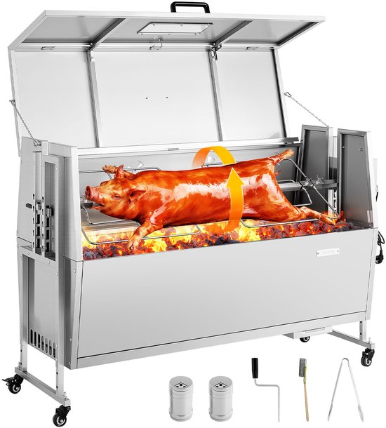 VEVOR Rotisserie Grill 38W Speenvarken Grill Lam Grill Houtskool Grill (132 cm Grilllengte) met 60 Kg Draagvermogen & Wielen & 4-Voudige Hoogteverstelling & Deksel, Roestvrijstalen Elektrische Grillset Voor Kamperen van Merkloos
