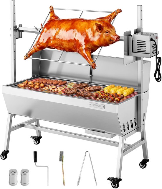 VEVOR Rotisserie Grill 38W Voor Speenvarken, Lamsvlees En Houtskool (94 cm Grilllengte) met Een Draagvermogen van 60 Kg, 7 Hoogte-Instellingen En Een Beschermplaat. Deze Elektrische Grillset van Roestvrij Staal Is Ideaal van VEVOR