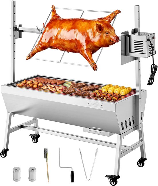 VEVOR Rotisserie Grill 38W Voor Speenvarken, Lamsvlees Of Houtskool (94 cm Grilllengte) met Een Draagvermogen van 60 Kg, Wielen En 7-Voudige Hoogteverstelling, Roestvrijstalen Elektrische Grillset Voor Kamperen En Buitengebruik van Merkloos