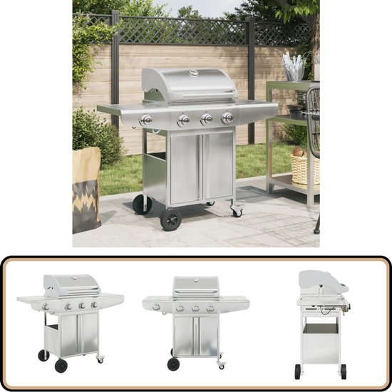 vidaXL Gasbarbecue 4 branders zilver RVS Gasbarbecue - Bbq - Buitengoed - Grill - Roestvaststaal van Merkloos