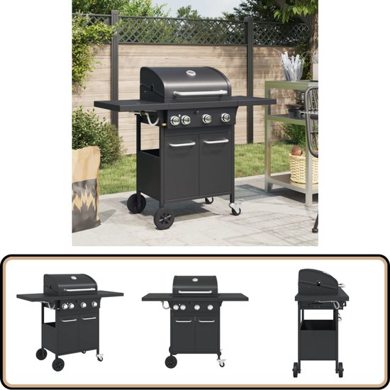 vidaXL Gasbarbecue 4 branders zwart staal Gasbarbecue - Buitengoed - Bbq - Barbecues - Buitenkeuken van VidaXL