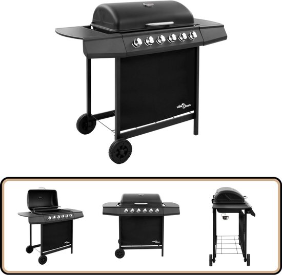 vidaXL Gasbarbecue 6 branders zwart met thermometer Gasbarbecue - Buitengoed - Bbq - Grill - Gasgrill van Vidaxl