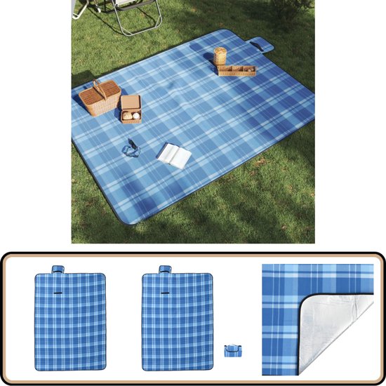 vidaXL Picknickkleed - Opvouwbaar - Blauw Geruit - 200x150 cm Picknickdekent - Buiten Dekent - Camping Matras - Picnic Blanket - Waterproof Deken van VidaXL